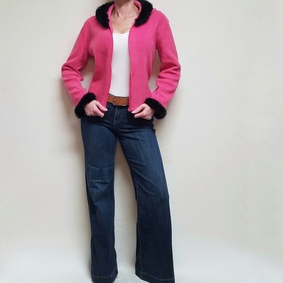 VINTAGE OOAK Upcycled Hot Pink Fleece Black Rabbit Fur Trim Full-zip Cardigan - Picture 3 of 16